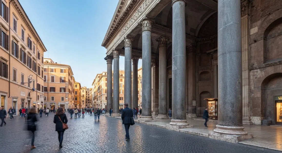 El pórtico del Panteón y la Piazza della Rotonda en la madrugada, luz suave sobre las columnas de travertino antes de que lleguen las multitudes