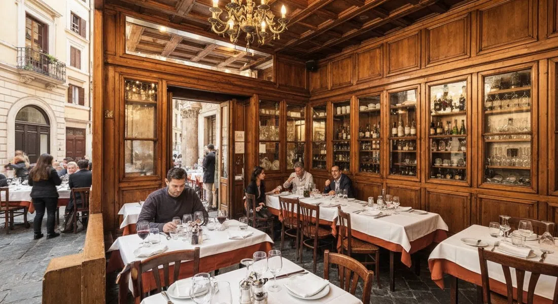 El comedor compacto con paneles de madera en Armando al Pantheon, mesas juntas y servicio de almuerzo romano en la cálida luz de la tarde