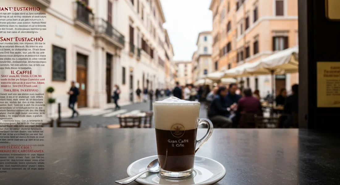 Un Gran Caffè espumoso en Sant’Eustachio Il Caffè, servido en la barra con el ambiente de bar de espresso de 1938