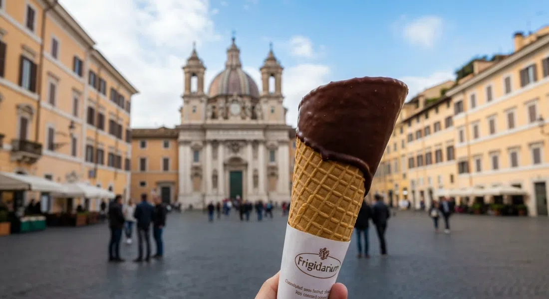 Un cucurucho de Frigidarium cerca de la Piazza Navona, bañado en una capa de chocolate brillante y duro, con la plaza borrosa detrás