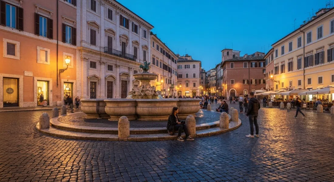 Piazza della Madonna dei Monti al atardecer, la fuente renacentista rodeada de gente en los escalones, luz cálida de los bares derramándose sobre los adoquines
