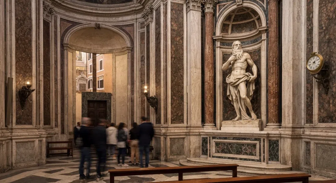 El Moisés de Miguel Ángel en San Pietro in Vincoli, la figura de mármol iluminada por una luz de monedas en una capilla lateral silenciosa