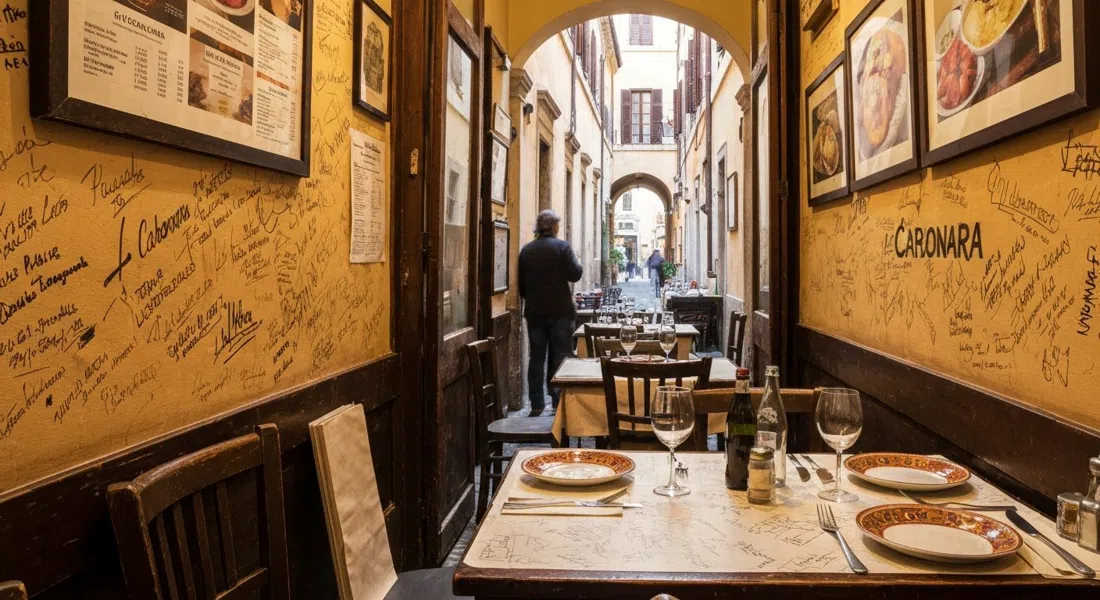 El comedor estrecho y lleno de firmas de La Carbonara en Via Panisperna, mesas juntas y platos romanos sobre una mesa de osteria desgastada