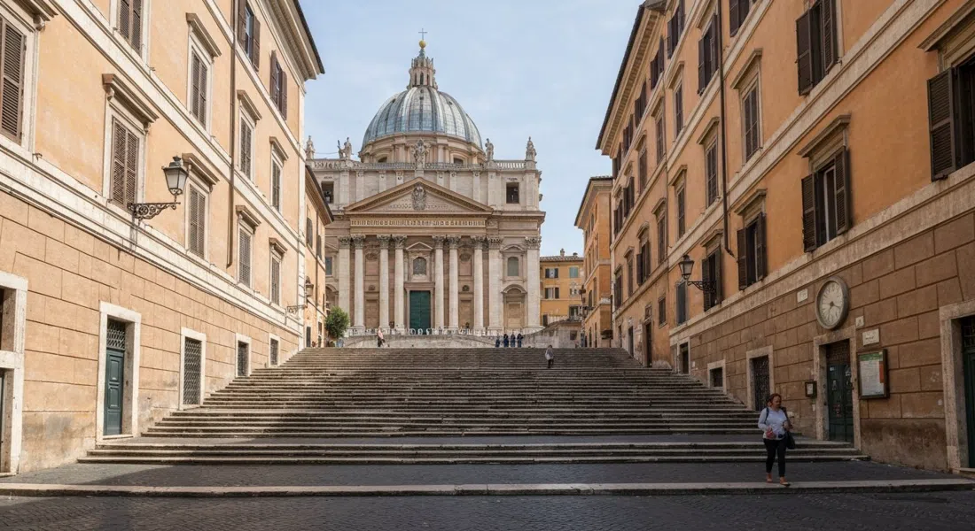 La escalinata desde Via Cavour que lleva a San Pietro in Vincoli, escalones de piedra, fachada de la basílica y una calle romana tranquila al mediodía