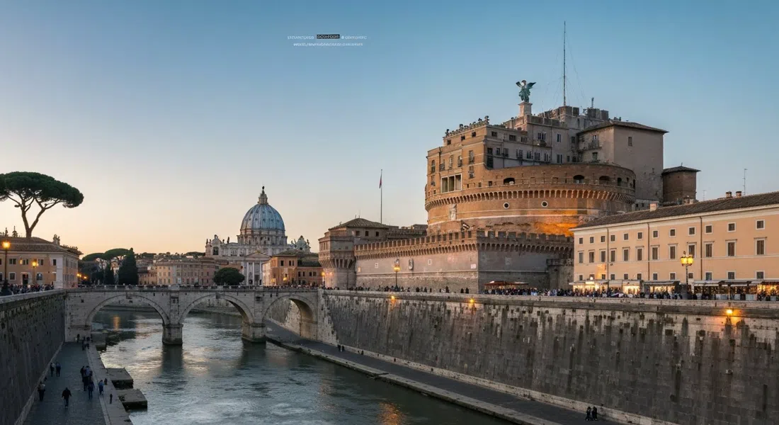 Castel Sant'Angelo visto desde la orilla del Tíber al atardecer, su mole de piedra y terraza en la azotea captando la luz con la cúpula de San Pedro al fondo