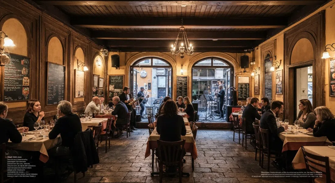 la sala oscura e íntima de Alexanderplatz en Via Ostia, con poca iluminación en el escenario, mesas juntas y un concierto de jazz en directo