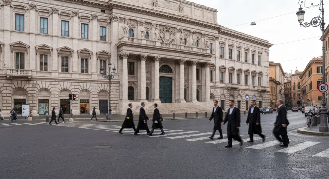 la enorme fachada de travertino del Palazzo di Giustizia en Piazza Cavour, fotografiada desde el nivel de la calle con detalles de bronce y abogados cruzando en primer plano