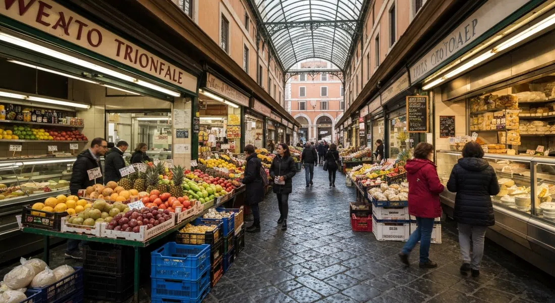 los pasillos cubiertos y bulliciosos del Mercato Trionfale por la mañana, puestos de fruta, queso y pasta fresca bajo luz fluorescente con compradores moviéndose