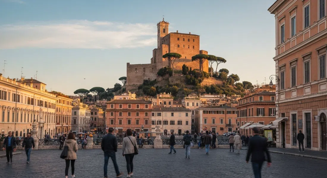 Monte Testaccio elevándose sobre la cuadrícula de Testaccio al atardecer, su pendiente de terracota captando la cálida luz romana