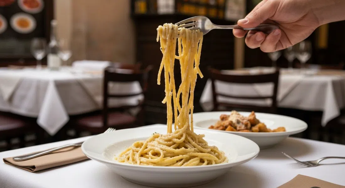 una mesa en Felice a Testaccio en Via Mastro Giorgio, con tonnarelli cacio e pepe siendo mezclados en la mesa bajo la luz cálida del restaurante