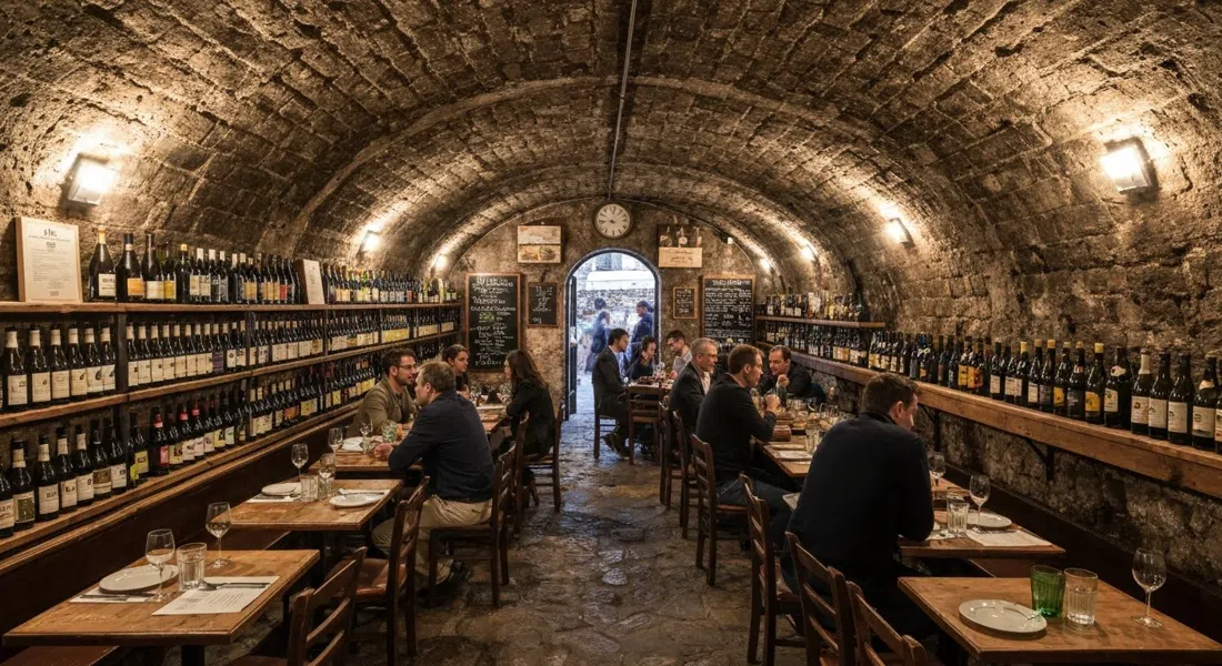 el interior del sótano de L’Oasi della Birra en Piazza Testaccio, con filas de botellas, platos de aperitivo y una sala abovedada baja llena de lugareños