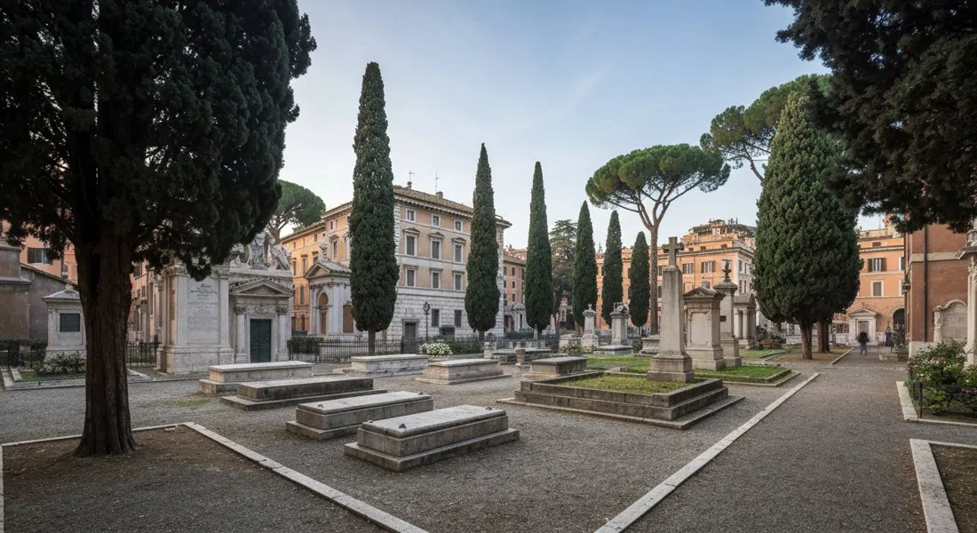el Cementerio No Católico con luz suave de la mañana, cipreses, senderos de piedra y la tumba de Keats bajo un cielo romano tranquilo