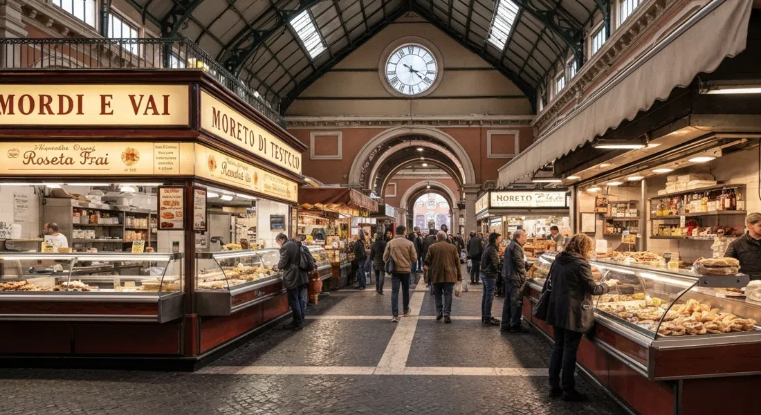 el pabellón del Mercato di Testaccio al mediodía, con los sándwiches rosetta de Mordi e Vai, mostradores del mercado y compradores moviéndose por los pasillos