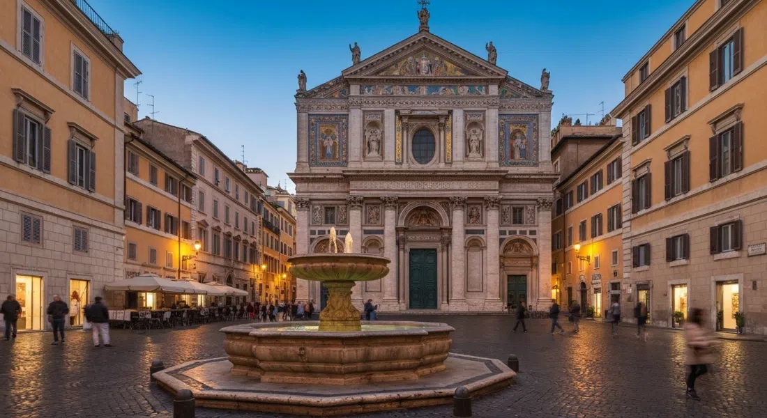 Plaza de Santa María en Trastevere al atardecer, con la fuente octogonal en primer plano y los brillantes mosaicos de la fachada de la basílica captando la luz cálida