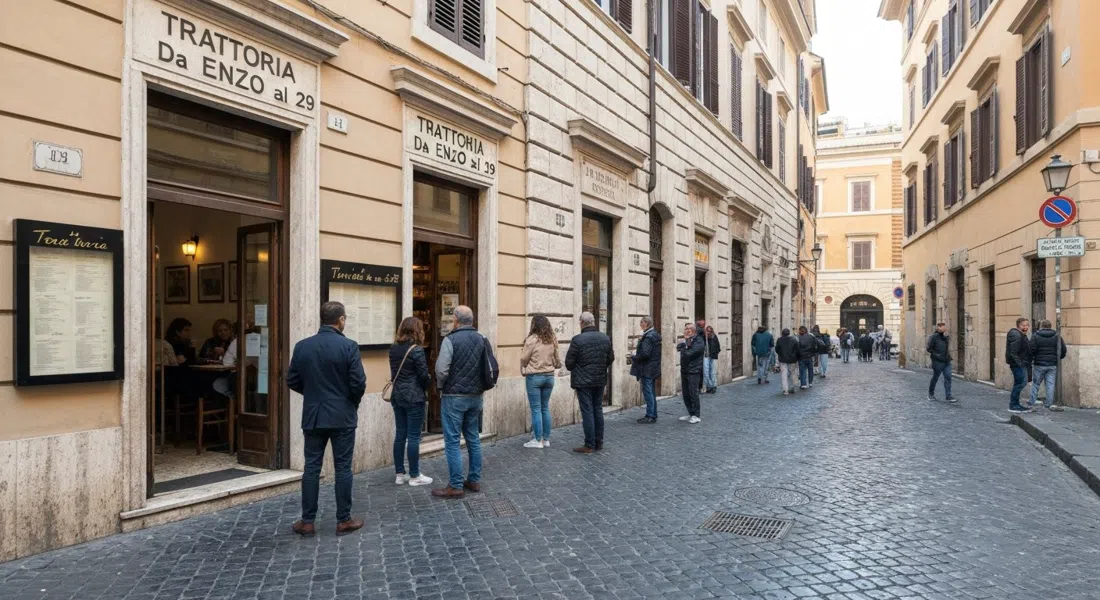 la estrecha fachada de la Trattoria da Enzo al 29 en Via dei Vascellari, con una cola formándose a lo largo de la calle antes de la hora de apertura