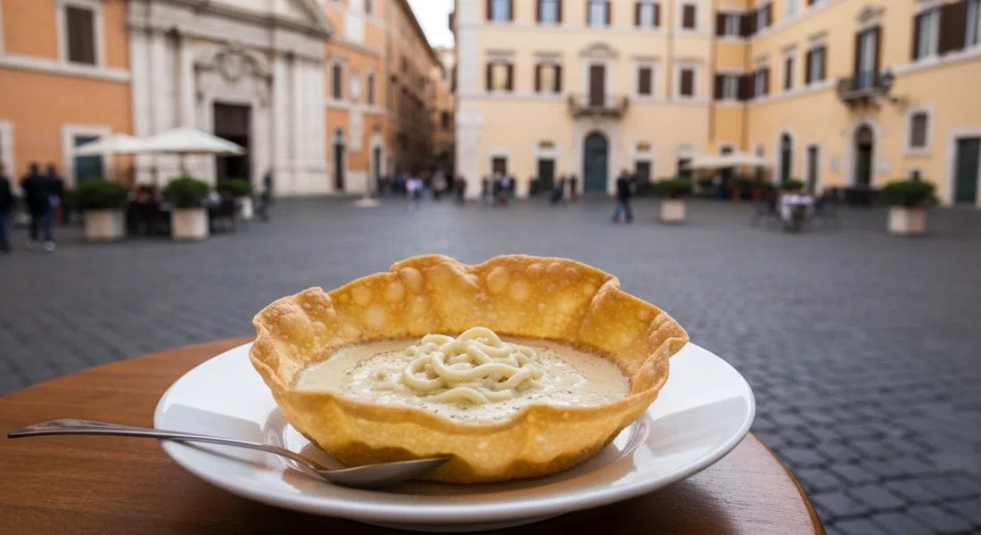 un plato de cacio e pepe servido en una crujiente cesta de pecorino en Roma Sparita en Piazza di Santa Cecilia, con la tranquila plaza desenfocada detrás