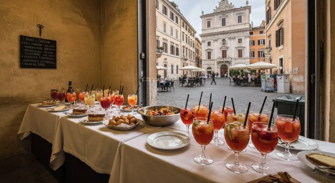 el buffet de aperitivo en Freni e Frizioni, con cócteles y platos de buffet en el antiguo espacio de taller sobre Piazza Trilussa al anochecer