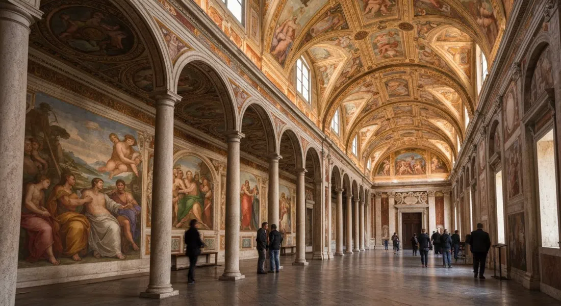 la Logia de Cupido y Psique fresada dentro de la Villa Farnesina, con los detalles del techo renacentista de Rafael y figuras pintadas en luz interior cálida